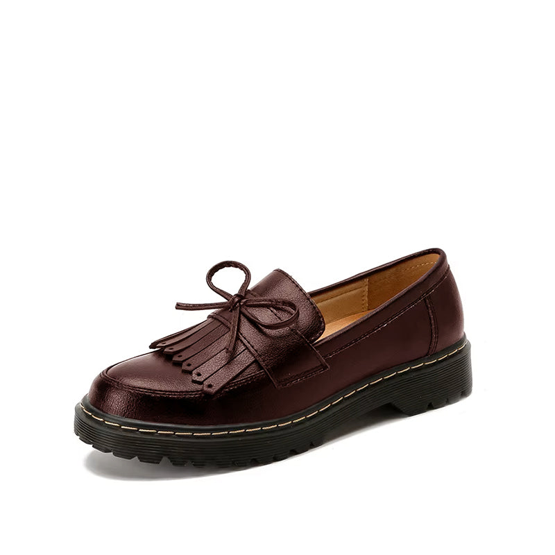 Mocassin Femme Compensé à Lacet et Franges en Cuir - Marron