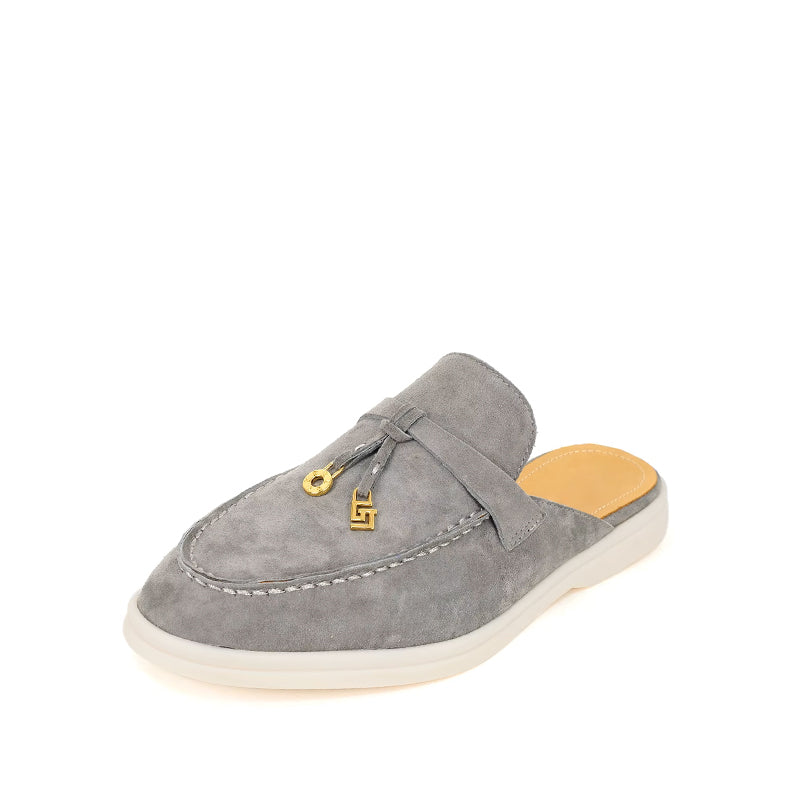 Mocassin Daim Femme Ouvert à Gland - Gris Clair