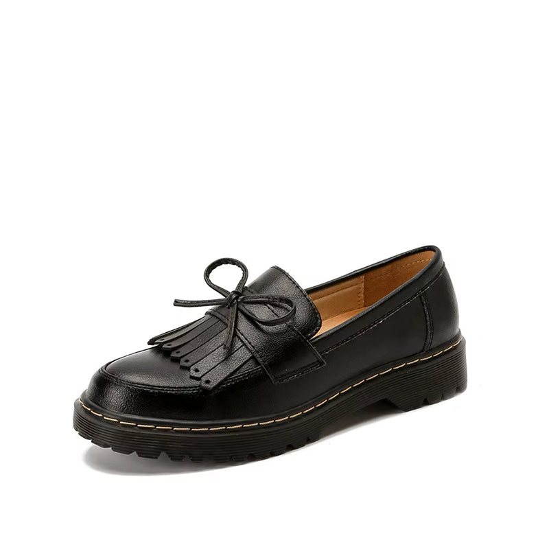 Mocassin Femme Compensé à Lacet et Franges en Cuir - Noir